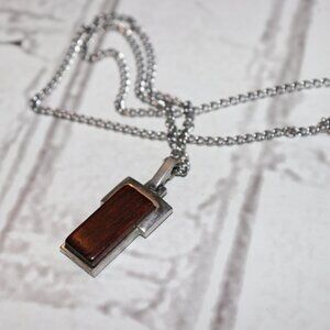 🌿 Vintage Avon Wood Inlay Pendant Necklace 🌿 18" chain · 1.5" pendant · Retro